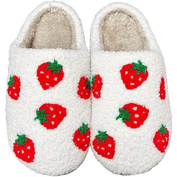 (S) Jordbærtøfler for kvinner og menn, vinter, fuzzy memory foam, myke og varme innesko