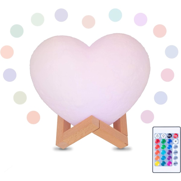 Sydämen muotoinen LED-lamppu, 3D-tulostus, 16 väriä himmennettävissä, Remote Co