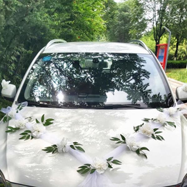 Bröllopsbilblomplatta band rosett set bilhuvud dekoration tillbehör