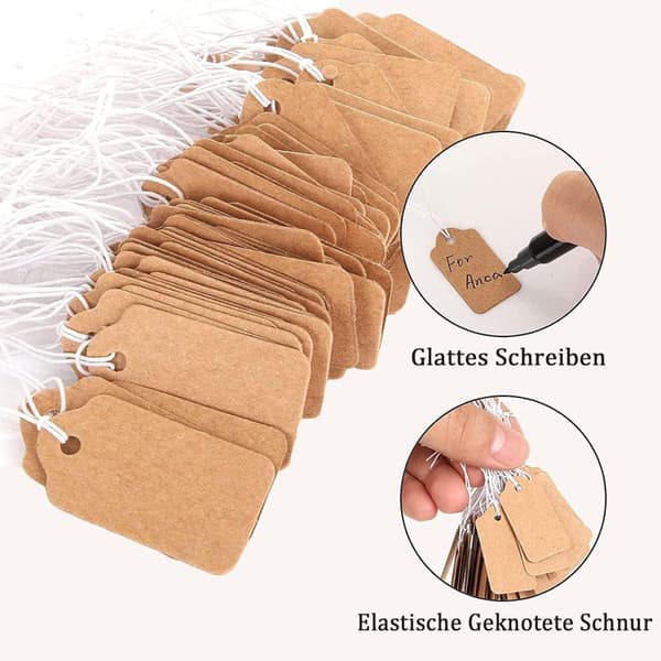 100 st 15*25mm Kraftpapper Prislappar, Presentlappar med Elastisk Hängsnöre för Smycken Present Hänglappar
