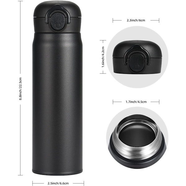 (Svart) 1 st 500 ml termosvattenflaska, termosmugg i rostfritt stål med dubbla väggar för sport och kaffe