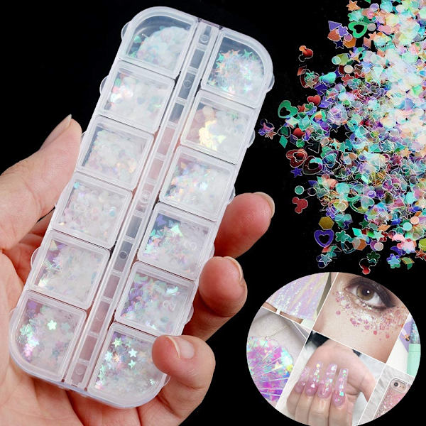 12 Glittrande Sjöjungfru Nagelglitterflingor Holografiska Ultratunna C