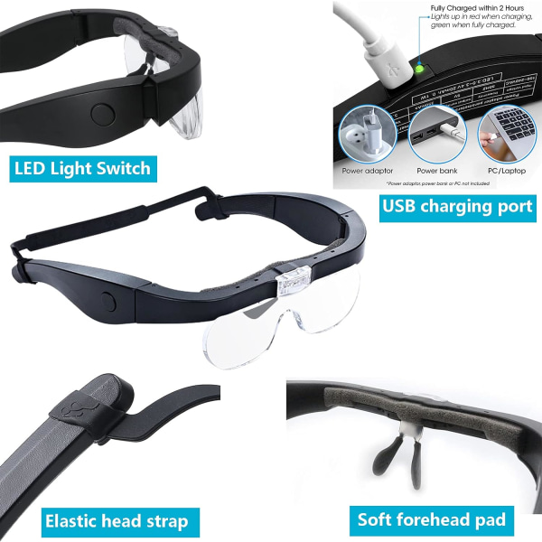 Huvudförstoringsglasögon med 2 LED-lampor, USB uppladdningsbar LED Ma