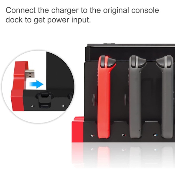 (Svart og Rød) Ladestasjon for Joycon Nintendo Switch & OLED - Lader opptil 4 kontrollere, kompatibel med Switch og Switch OLED-modell