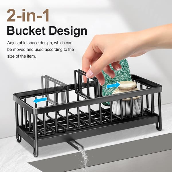 Køkkensvamp Holder til Køkkenvask (Sort), Køkkenvask Caddy Organizer med Rum, Rustfrit Stål