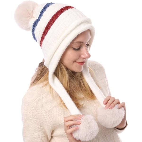 Knit Beanie with Peruvian Pom Pom Hat Ear Cap Winter Hats for Wom