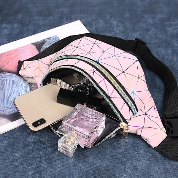 (Rosa) Unisex Holografisk Effekt Midjeväska, Multi-Fick Vattentät Mode PU Läder Midjeväska för Resor, Vandring, Camping, L
