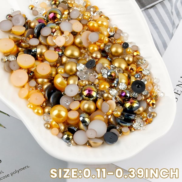 (Guld) 100g Gradient Halve Perler og Diamanter, 3mm-10mm Halvrunde Flad Bagside Perleperler Resin Imitati