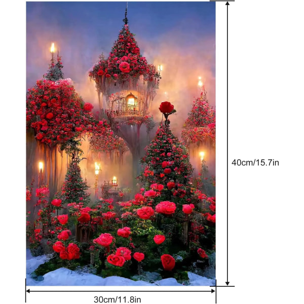 30x40cm (Red Rose Castle) Diamantmaleri, 5D DIY Diamond Art Pa