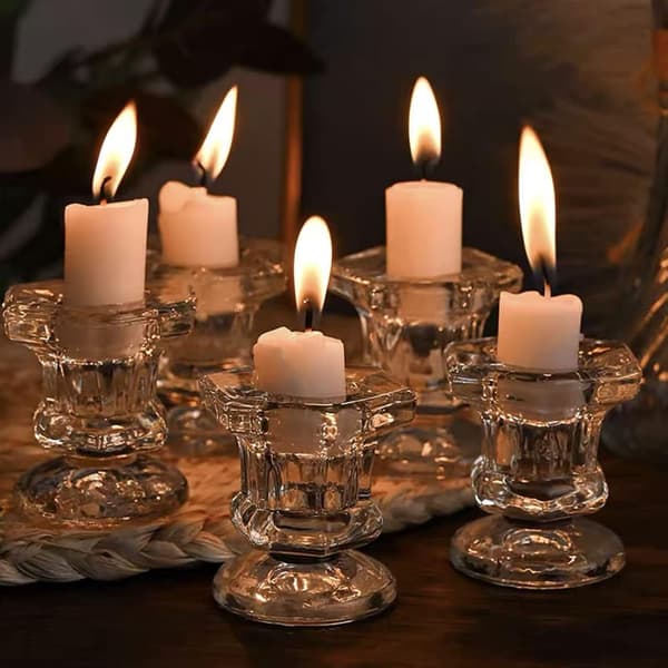 Sett med 6 glasslysestaker, klare lysestaker for midtpunkter