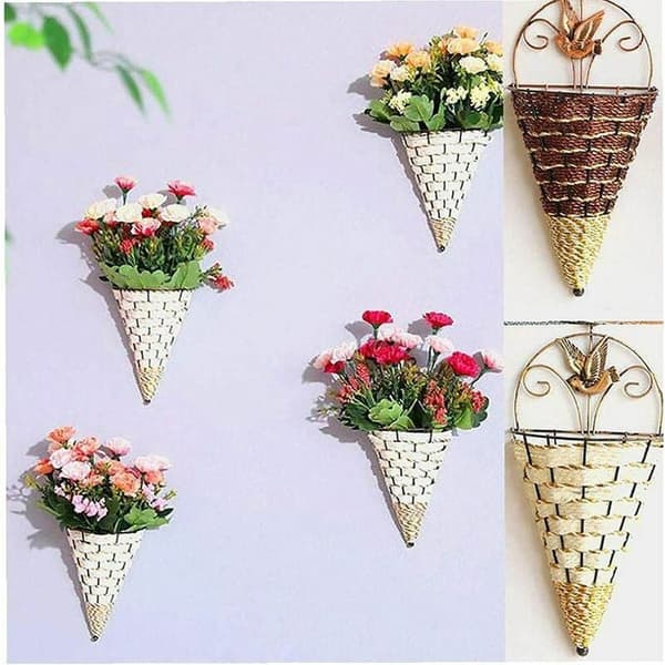 Blomkorg, 2 st rotting- och pilvas, vävd växtkruka för vägg,