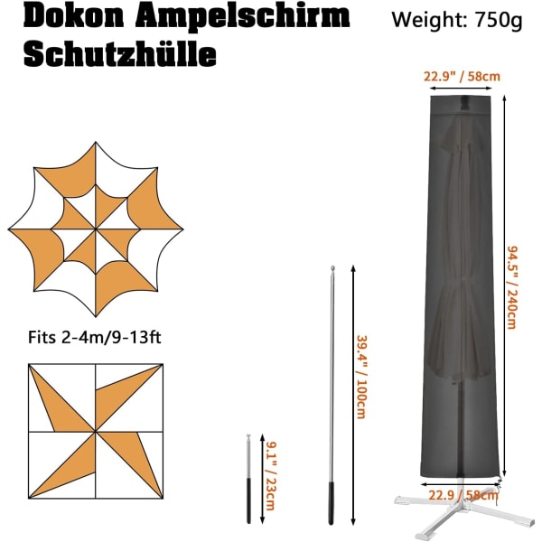 210D Oxford cantilever parasolbetræk med stang (240x58/58cm), kan