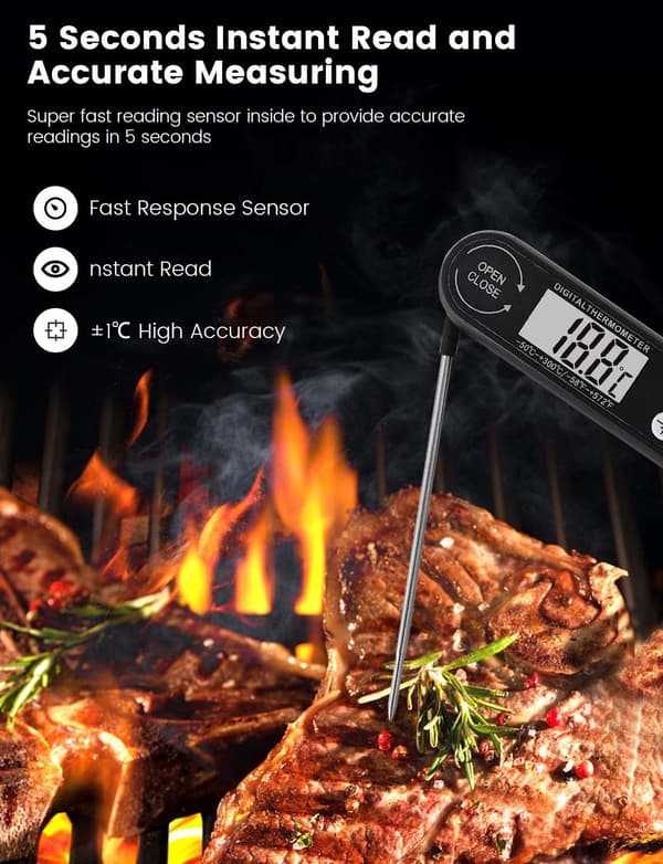 Digital Kökstermometer med Vikbar Lång Sond, Digital Kötttermometer