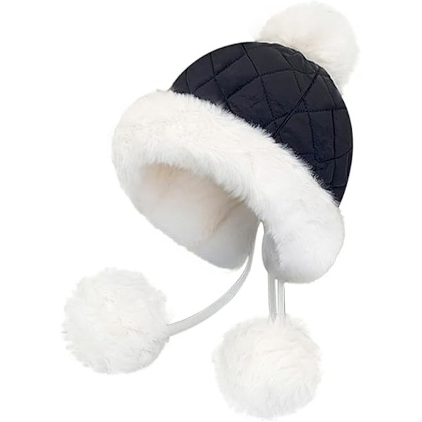 (Svart) Dam Peruvian Vinter Pom Pom Beanie Öronmuffar Sherpa Fleece Foder Snö Varm Skalle Mössa Jul