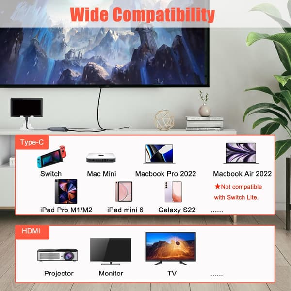 Bærbar Switch Dock til Nintendo Switch HDMI Adapter (Sort og Grå), Rejse Dock 3-I-1 Switch Docking Station Switch USB C til HDMI