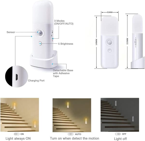 Oppladbar LED-nattlampe for voksne (hvit), 2000mAh, bevegelse
