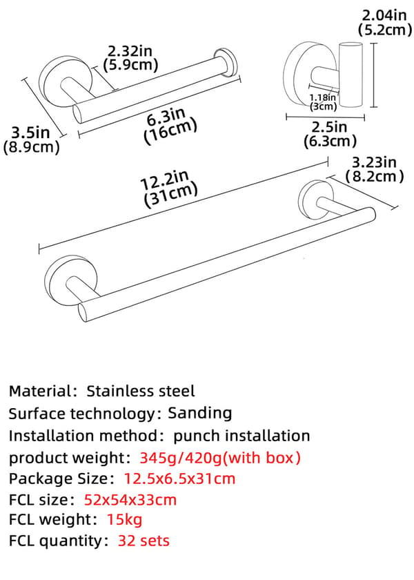 Håndklestang med boring, gull, 31 cm, 304 rustfritt stål håndklestang