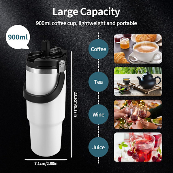 Isolerad Mugg, 900ml Rostfritt Stål Kaffekopp, Dubbelväggig Resetermos