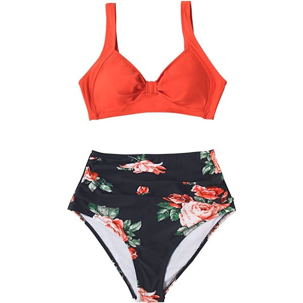 Dam Bikini Hjärtformad Hög Midja Blommigt Tryck 2-Delad Baddräkt