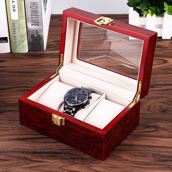 Ruskehtavan punainen puinen watch , jossa 3 taskua, läpinäkyvä ikkuna,