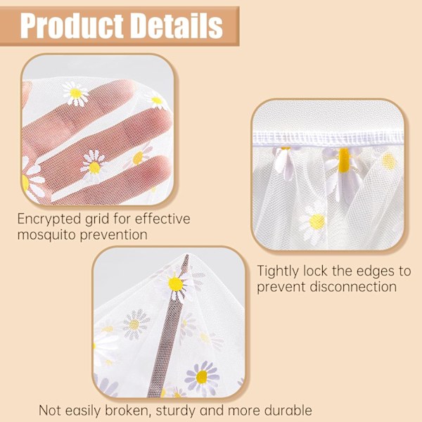 (Vit Stjärna) Myggnät för Barnvagn, Babyvagn Nät Bärbar Daisy Print Barnvagnsnät Skydd Perfekt Buggnät för Barnvagnar, Bass