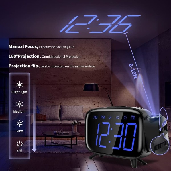Projektionsväckarklocka med radio, digital väckarklocka med 3 ljusstyrkor