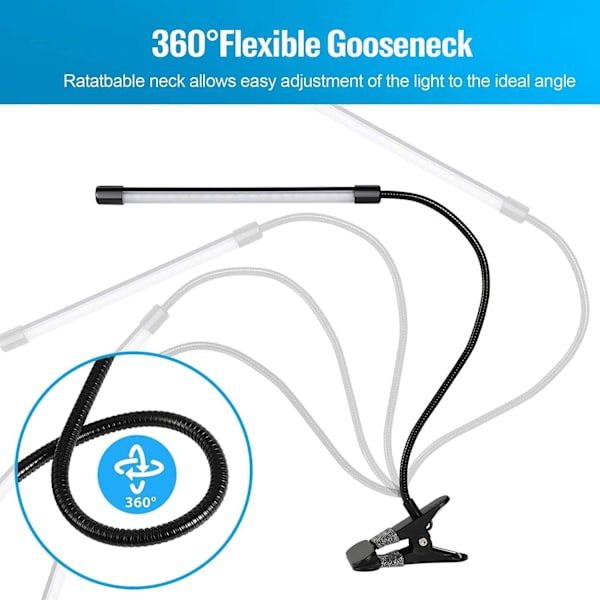 LED-klämma skrivbordslampa, 7W USB-klämma läslampa 360° flexibel svanhals