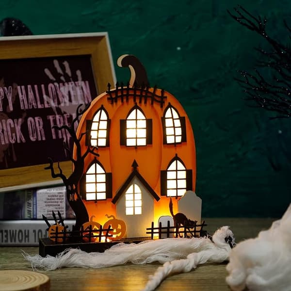 Halloween Bordpynt Figurer, 9\" x 8\" Lyserød Græskarhus Dekoration