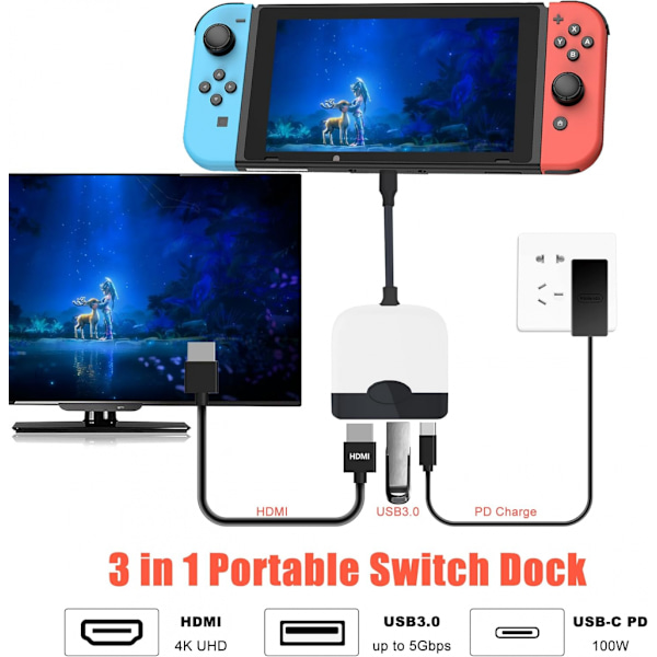Bærbar Switch Dock til Nintendo Switch HDMI Adapter (Sort og Hvid), Rejse Dock 3-I-1 Switch Docking Station Switch USB C til HDMI