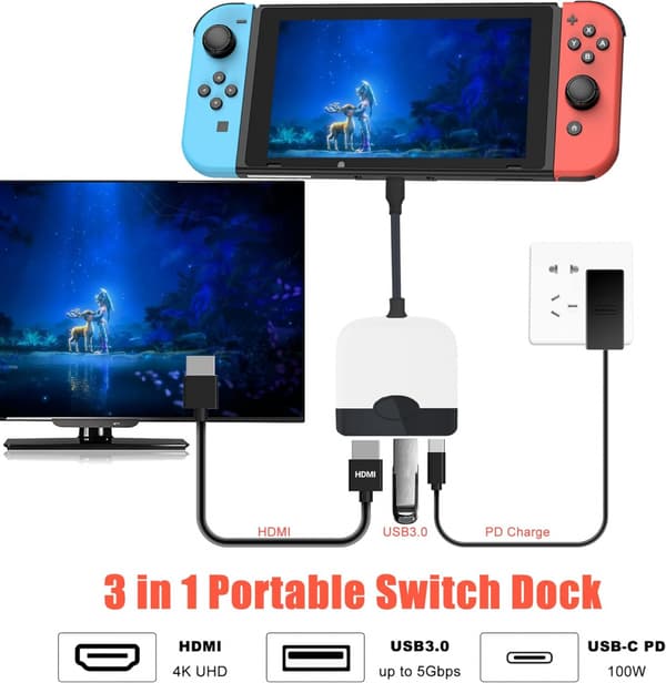 Portabel Switch Dock för Nintendo Switch HDMI-adapter (svart och vit), resedocka 3-i-1 Switch Dockningsstation Switch USB C till HDMI