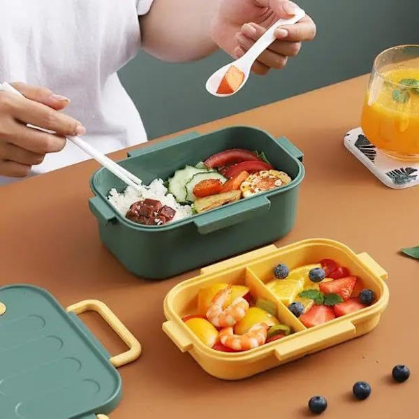 (Vihreä) Lounasrasia Kaksikerroksinen BPA-vapaa lounasrasia aterimilla, mikroaaltouunin kestävä, astianpesukoneen kestävä 1000 ml toimistolounasrasia