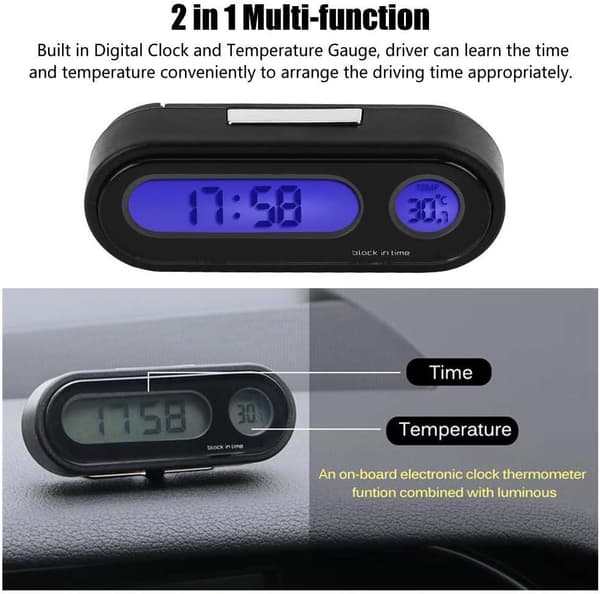 Biltermometer Voltmeter Klokke, 2 i 1 Bil Kjøretøy Interiør Mini