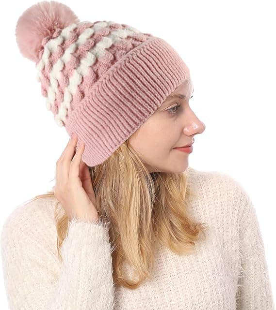 Vinterstrikket lue for kvinner - Rosa, fôret