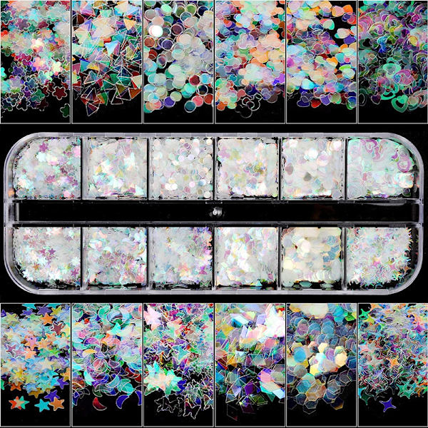 12 Glittrande Sjöjungfru Nagelglitterflingor Holografiska Ultratunna C