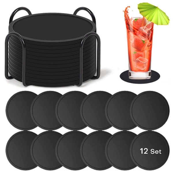 12 stk. Silikone Brikker med Holder - Brikker til Glas - Rundt Brik Design - Anti Slip - Varmebestandig - Sort