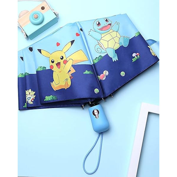 (Lyseblå) 1 Pikachu Børne Paraply, Sammenfoldelig, Automatisk Åbning, Tegneserie, UV Beskyttelse, Rejse