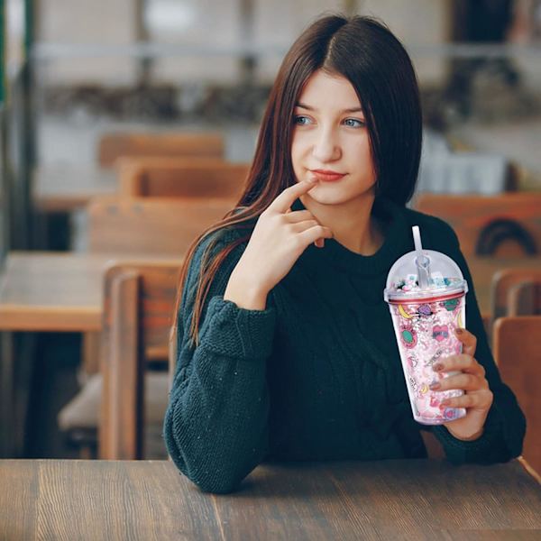 450 ml Plastkopp (Rosa) med Sugrör och Lock, Läckagesäker Vatten