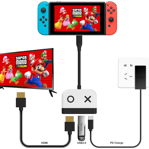 (Valkoinen) Switch Dock Nintendo Switch OLED:lle, 3-in-1 TV-sovitin w