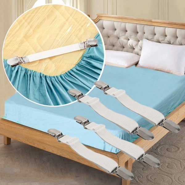 12 stk. Hvide lagenholdere, justerbare lagenstropper, elastiske kryds
