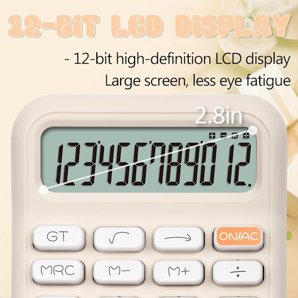(råhvid) mekanisk switch lommeregner, 12 cifre, stort LCD-display, lilla lommeregner med store knapper, sød lommeregner, cal