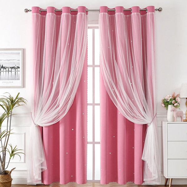 (132x214cm) 2 kpl Siniset pimennysverhot, pitsiset kaksinkertaiset ontot tähtikuvioiset pimennysverhot