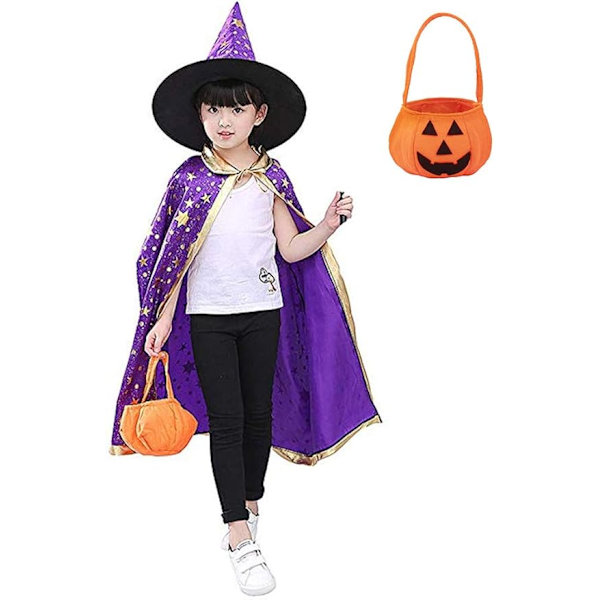 (Lilla) 1 stk. trollmannskappe heksekappe med hatt og gresskarveske, Halloween-kostymerekvisitter for barn