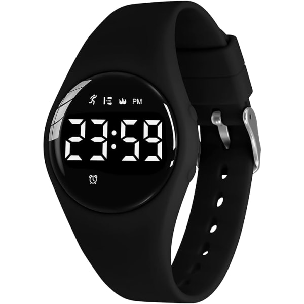 Svart watch, Digital Fitness Tracker för tonåringar med larm/Ch