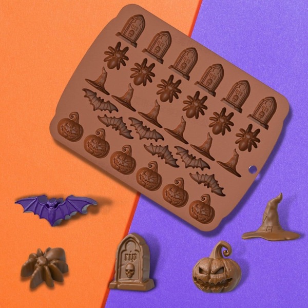 Halloween silikonform 5 mønstre Halloween sjokoladeform godteriform gresskar flaggermus edderkopp hatt gravstein form, sett