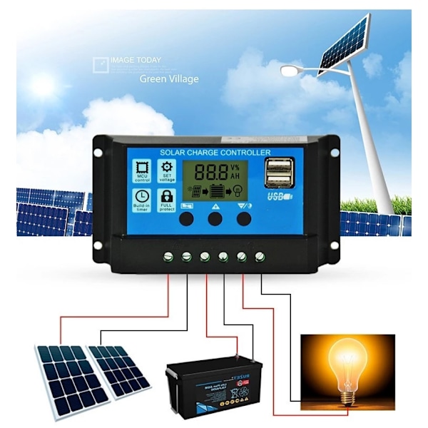 30A solcellsladdningsregulator, 12V/24V solpanel laddningsregulator med 5V dubbla USB-portar display justerbar parameter LCD-display