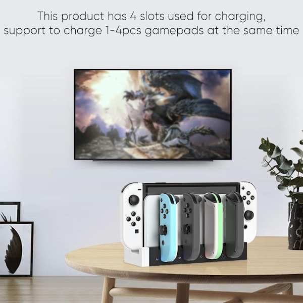 (Valkoinen ja musta) Lataustelakka Joycon Nintendo Switch & OLED -laitteille - Lataa jopa 4 ohjainta, yhteensopiva Switch- ja Switch OLED -mallien kanssa