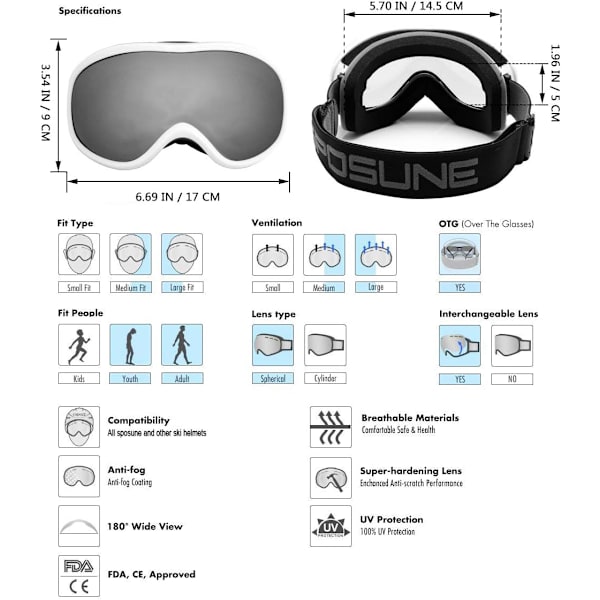 Skibriller - Över Glasögon Snö Snowboard Goggles med Anti-Immande Dubbelglas