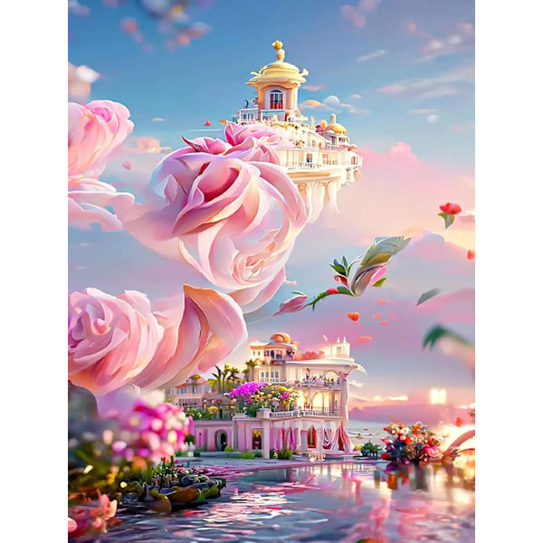 (30 x 40 cm Blomma Slott-F) 5D Diamantmålning, Slott Diamant