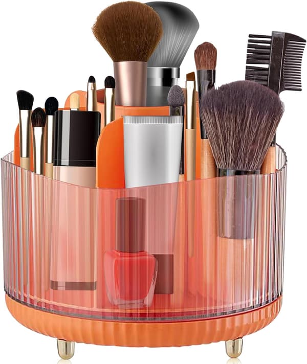 (Orange) 1 makeup børsteholder opbevaring, 360° roterende makeup børste opbevaring, transparent makeup opbevaring
