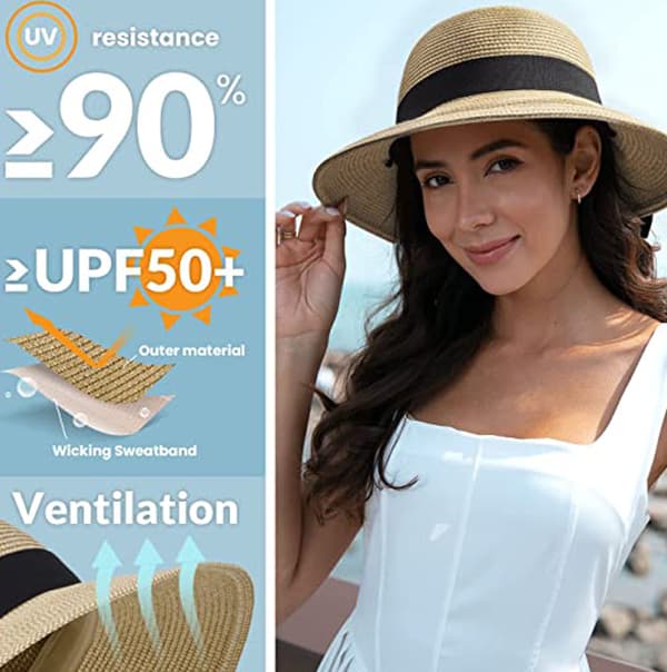 Solhatt for kvinner UPF 50+ Lett sammenleggbar/pakkbar strandsolhatt